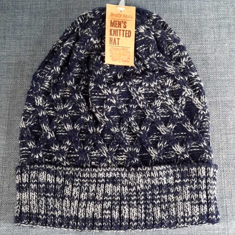Mens Knit Hat Heathered Navy Blue Britt's Knits Unisex Beanie Headwear Outerwear
